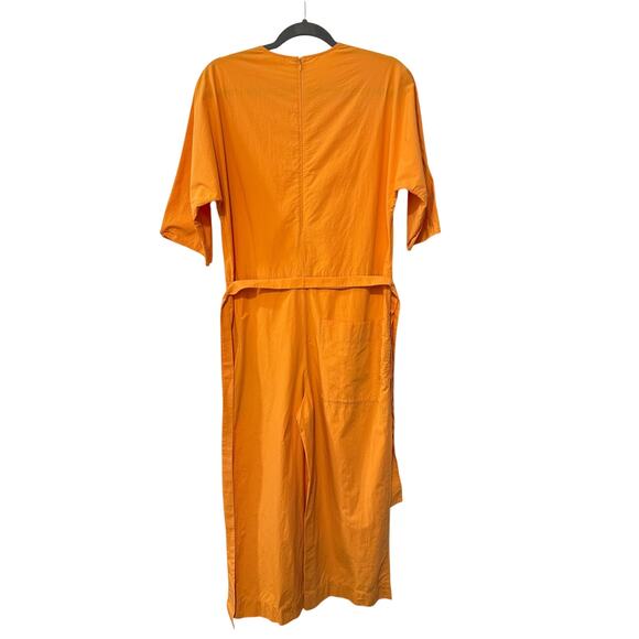 COS 4 Open V-Neck Wide Leg Jumpsuit Tie Waist 100% Cotton Short Sleeve Orange - Picture 4 of 13